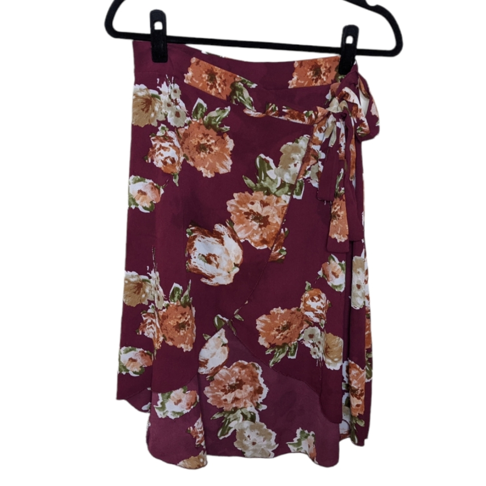 Rainbow Floral Burgundy High Low Wrap Skirt Size M 🌺✨